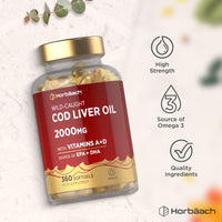 Horbäach Cod Liver Oil Capsules High Strength | 2000mg | 360 Softgel Pills | Rich in Omega 3, Vitamins A & D | Supplement with 171mg of DHA and 151mg of EPA | by Horbaach