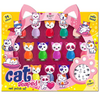 Beauty4Britain Cat Shaped Water-Based Nail Polish Set, beauty4britain, 14 Colours, Quick Dry, Peel Off, Cat Nail Stickers Included, Display Gift Box