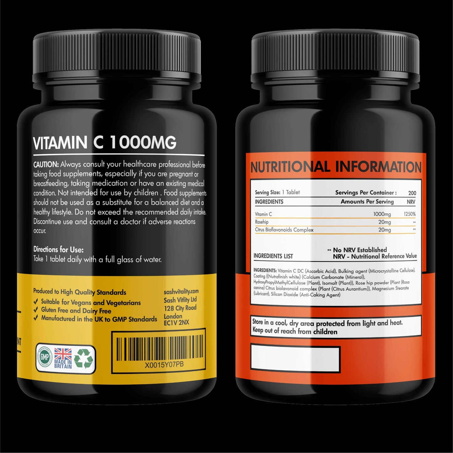 SASH Vitality Vitamin C 1000mg - 200 Vegan Tablets - Added Bioflavonoids & Rosehip - Supports The Immune System and Reduces Tiredness and Fatigue - UK Made Sash Vitality - Anti-Inflammatory - Allery Support