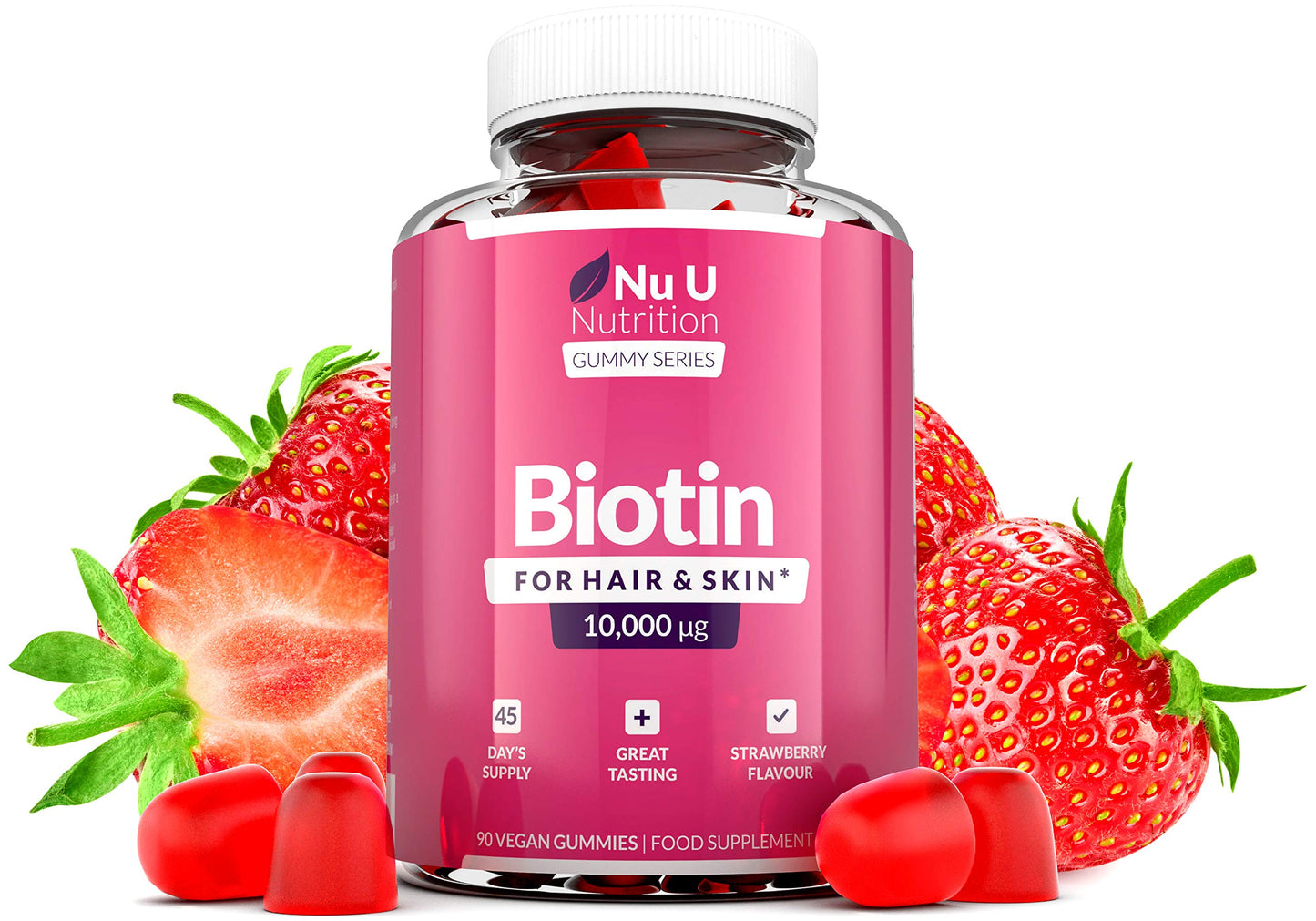 Biotin Hair Gummies 10,000mcg - 90 Vegan Gummies - 45 Day Supply - Strawberry Flavour - Supports Normal Skin & Hair Growth - Chewable Hair Vitamins