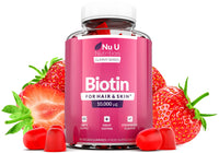Biotin Hair Gummies 10,000mcg - 90 Vegan Gummies - 45 Day Supply - Strawberry Flavour - Supports Normal Skin & Hair Growth - Chewable Hair Vitamins