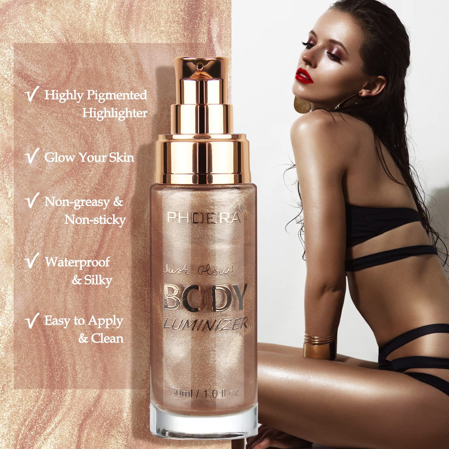 Phoera PHOERA High Gloss Waterproof Body Luminizer Glitter Face Shimmer Moisturizer Lotion Tan Cream Foundation Makeup Bronzer AQUAPURITY - 101 Rose Gold