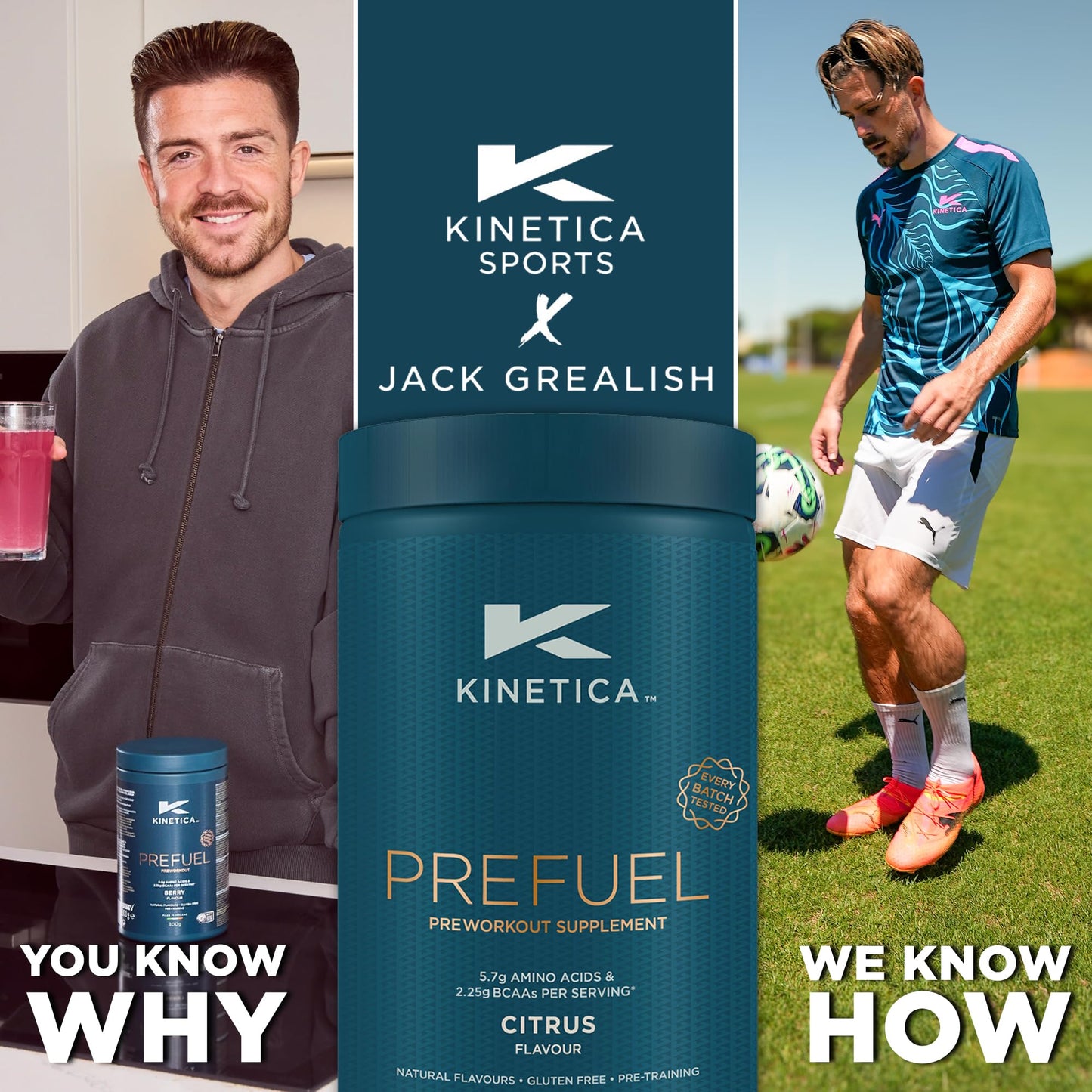 Kinetica Sports Prefuel Pre Workout -Citrus Flavour | 5.7g Amino Acids Blend,2.25g BCAA's & 92mg Caffeine/Serve, 30 Servings/300g| With Essential Vitamins, Minerals|Supports Performance & Energy Boost