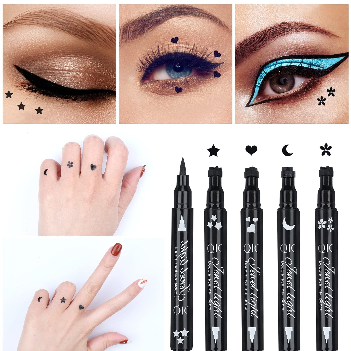 Yuccer Star Heart Eyeliner Stamp Waterproof Liquid Eyeliner Pen Black Long Lasting Double Ended Eyeliner Pencil Make Up Eye Liner (Star+Moon+Heart+Flower)