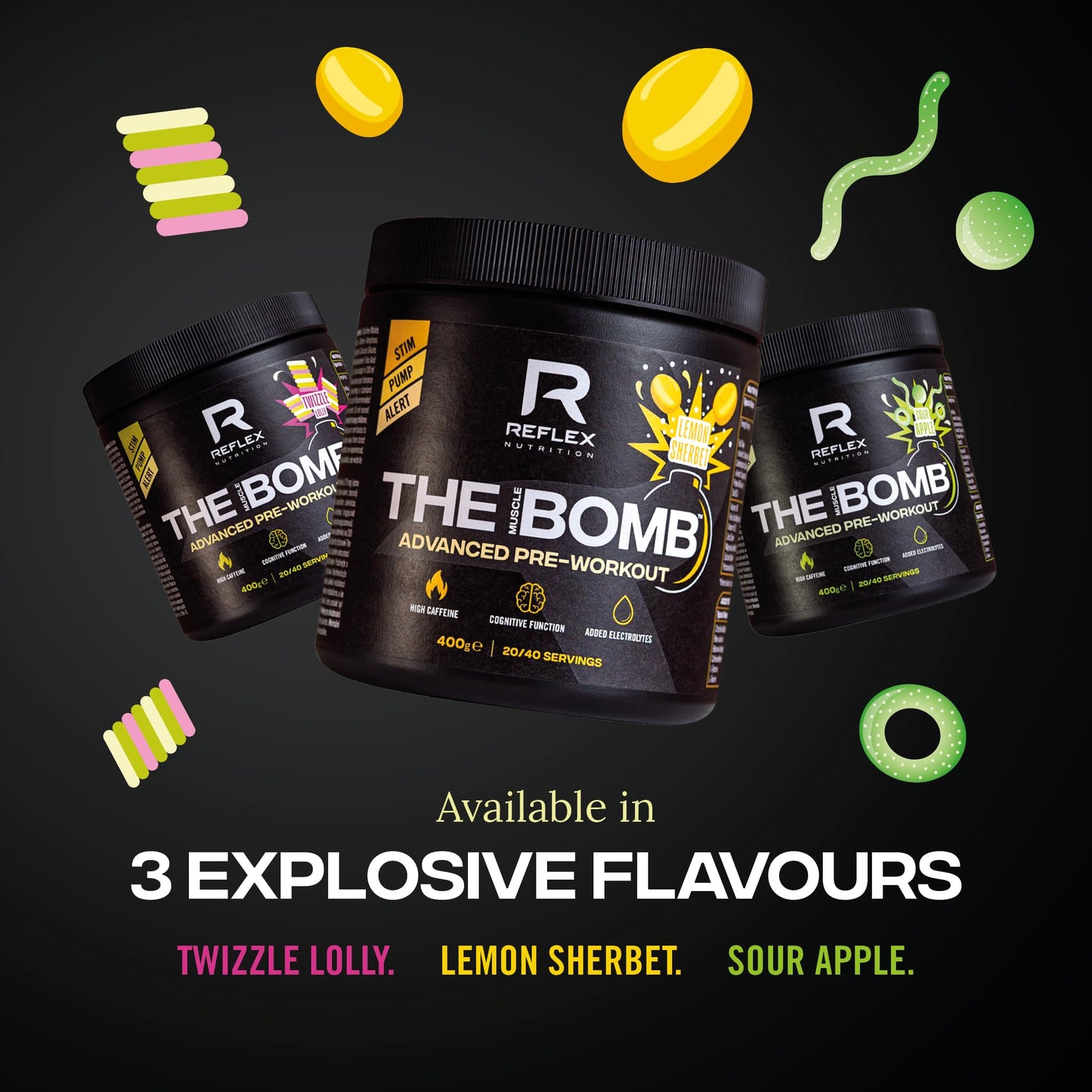 Reflex Nutrition The Muscle Bomb Caffeine Pre Workout Powder - 350mg Caffeine, 9g Citrulline Malate, 2.5g Beta Alanine - Energy, Pump & Focus for Explosive Workouts (Twizzle Lolly, 400g, 20 Servings)