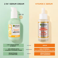 Garnier Vitamin C Serum Cream, 2in1 Formula With 20% Vitamin C serum & SPF 25 Moisturiser, Hydrate & Reveal Bright Glowing Skin, Organic & Vegan Formula, 50ml