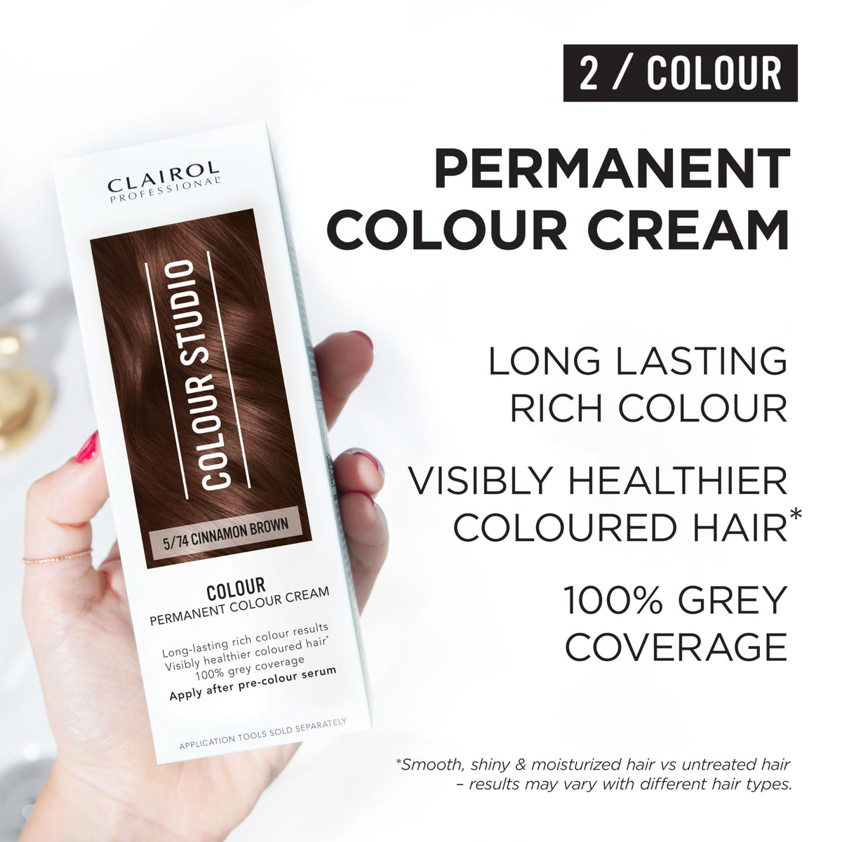 Clairol Colour Studio Permanent Colour Cream | Hair Dye | Long-lasting Rich Tones | 100% Grey Coverage | Dermatologically Tested Vegan Formula | Hair Colouring Kit | Cinnamon Brown 5/74 I 50ml