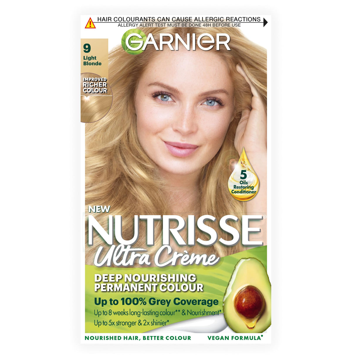 Garnier Nutrisse Ultra Crème Vegan Hair Dye, 9 Light Blonde. Provides 100% grey coverage and bright, luminous 8-week colour. Gentle, no-ammonia, and vegan for a stunning, light blonde transformation.