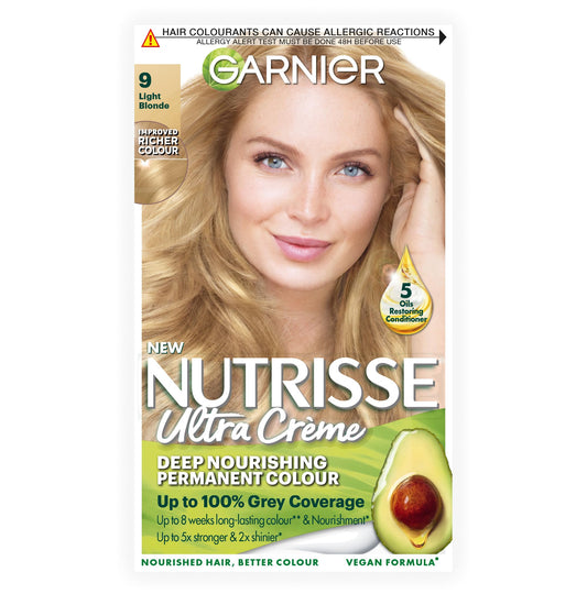 Garnier Nutrisse Ultra Crème Vegan Hair Dye, 9 Light Blonde. Provides 100% grey coverage and bright, luminous 8-week colour. Gentle, no-ammonia, and vegan for a stunning, light blonde transformation.