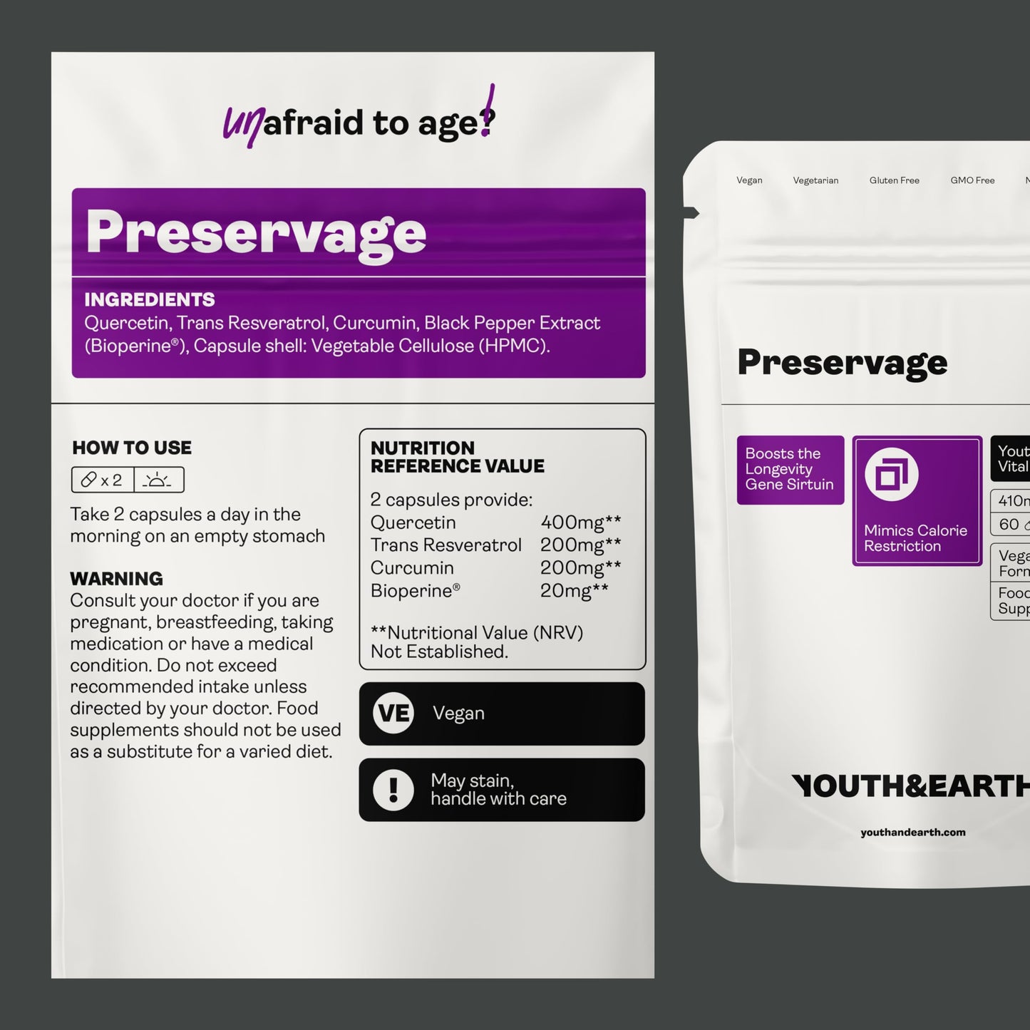 Youth & Earth Preservage Resveratrol Supplement with Curcumin, Trans-Resveratrol, Quercetin, & BioPerine 410mg - for Sirtuin Activation - Mimics Calorie Restriction - 60 Capsules