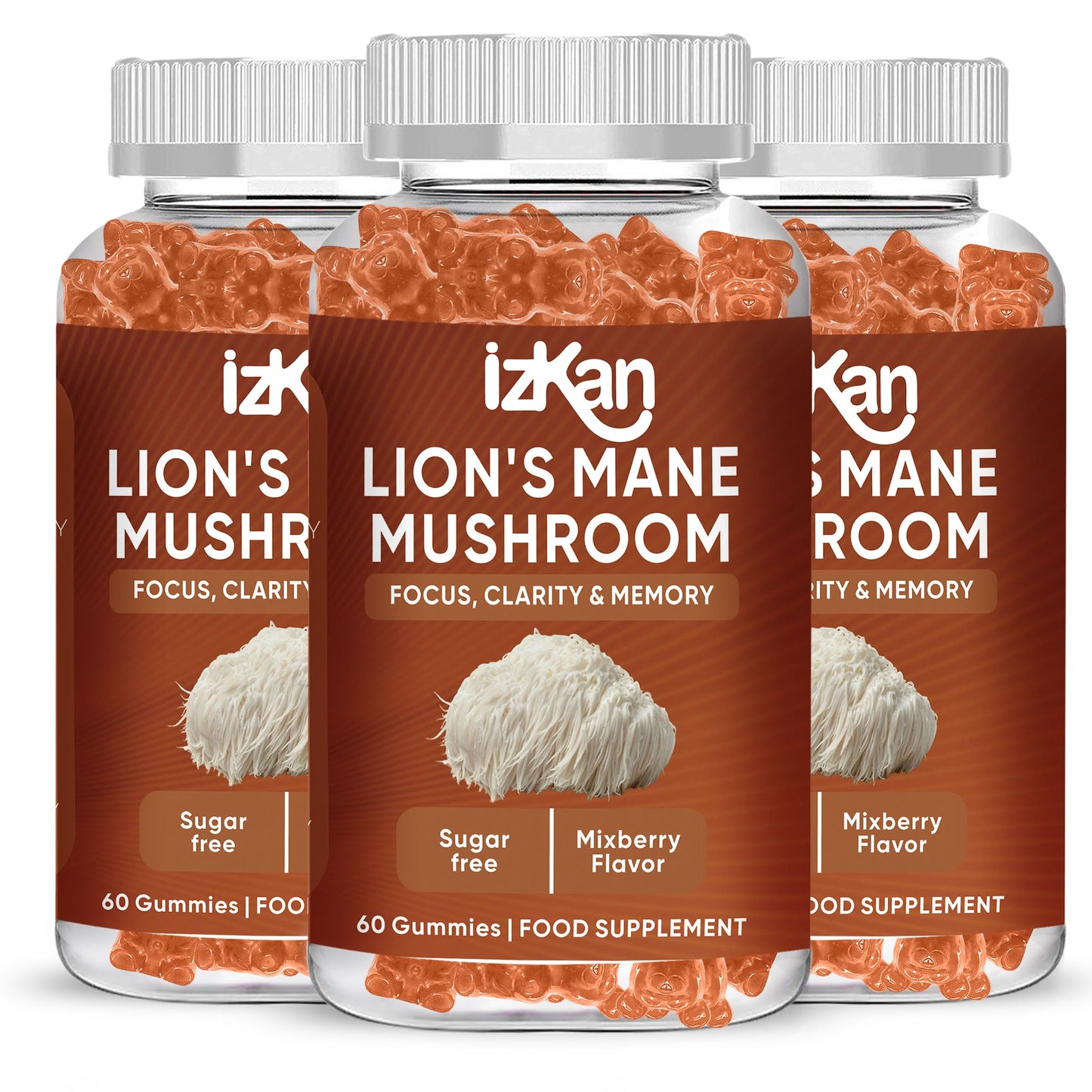 Izkan Mushroom Gummies 1000mg - Lion Mane Mushroom Gummies Supplement Promotes Focus, Memory, and Mood - 60 Count (Mixed Berry Flavor, Halal, Gluten-Free, Vegan) (3)
