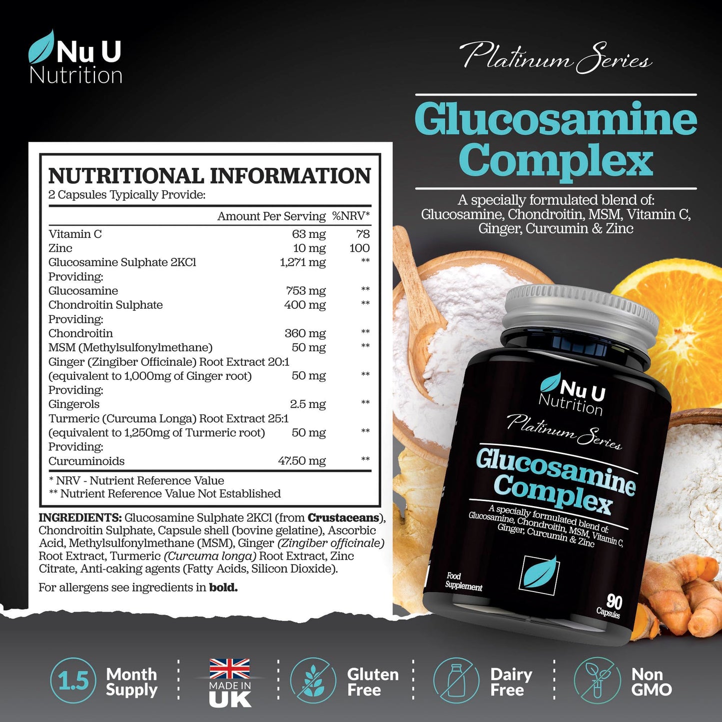 Glucosamine and Chondroitin High Strength Complex - 90 Glucosamine Sulphate Capsules - with Turmeric, MSM, Vitamin C, Zinc & Ginger - Joint Care Supplements for Men & Women - Nu U Nutrition