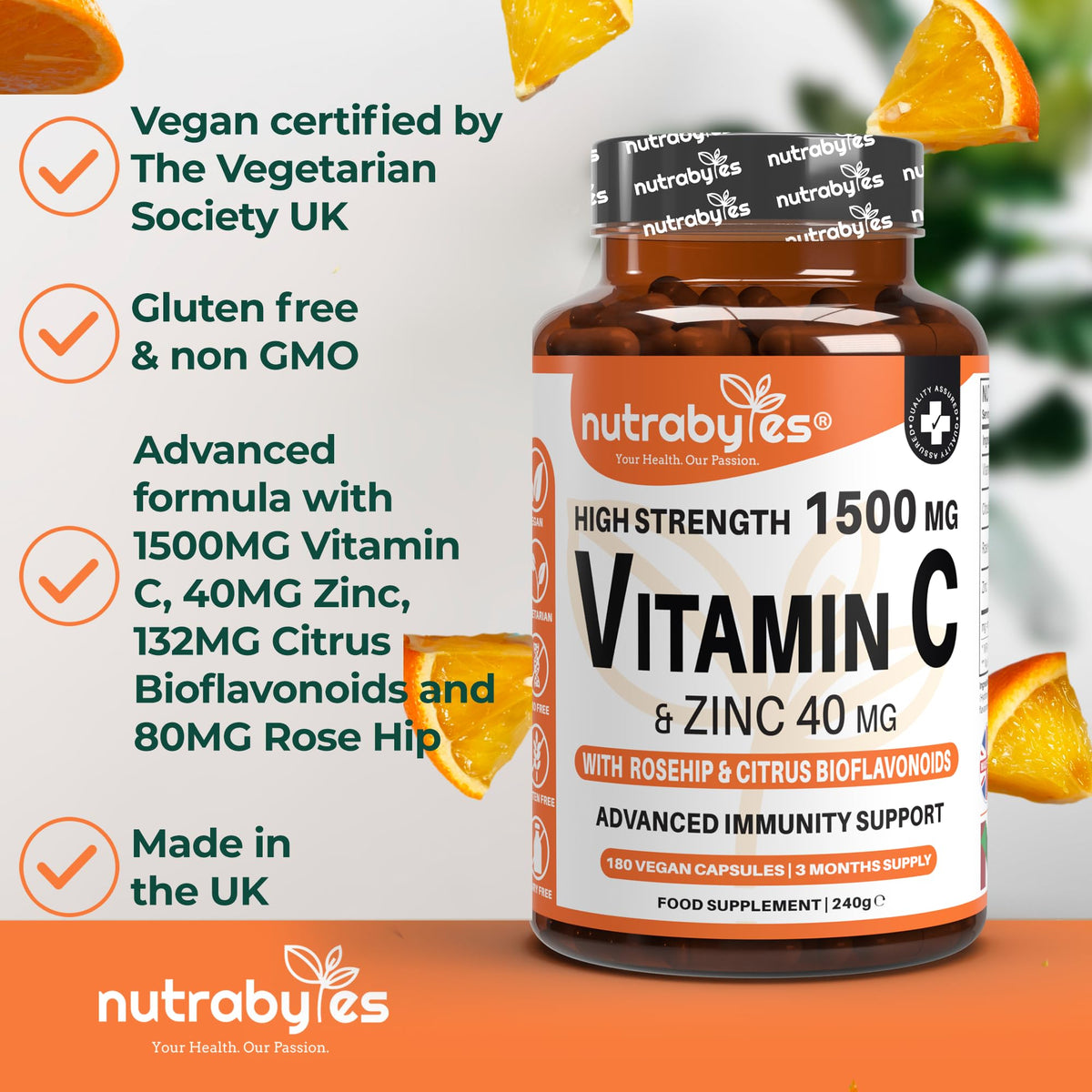 NUTRABYTES Nutrabytes High Strength 1,500mg Vitamin C & 40mg Zinc Supplement, 180 Capsules | Advanced Immune Support with Zinc, Rosehip & Citrus Bioflavonoids | 3 Months | Vegan Capsules | UK Made