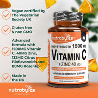 NUTRABYTES Nutrabytes High Strength 1,500mg Vitamin C & 40mg Zinc Supplement, 180 Capsules | Advanced Immune Support with Zinc, Rosehip & Citrus Bioflavonoids | 3 Months | Vegan Capsules | UK Made