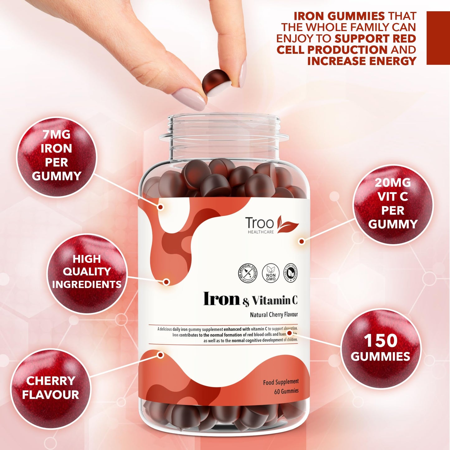 Troo Health Care Iron & Vitamin C - 60 Natural Cherry Flavour Gummies - Tasty Chewable Supplement for Men, Women and Kids - Increased Absorption Supports Cognitive Development & Red Blood Cell Formation