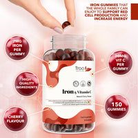 Troo Health Care Iron & Vitamin C - 60 Natural Cherry Flavour Gummies - Tasty Chewable Supplement for Men, Women and Kids - Increased Absorption Supports Cognitive Development & Red Blood Cell Formation