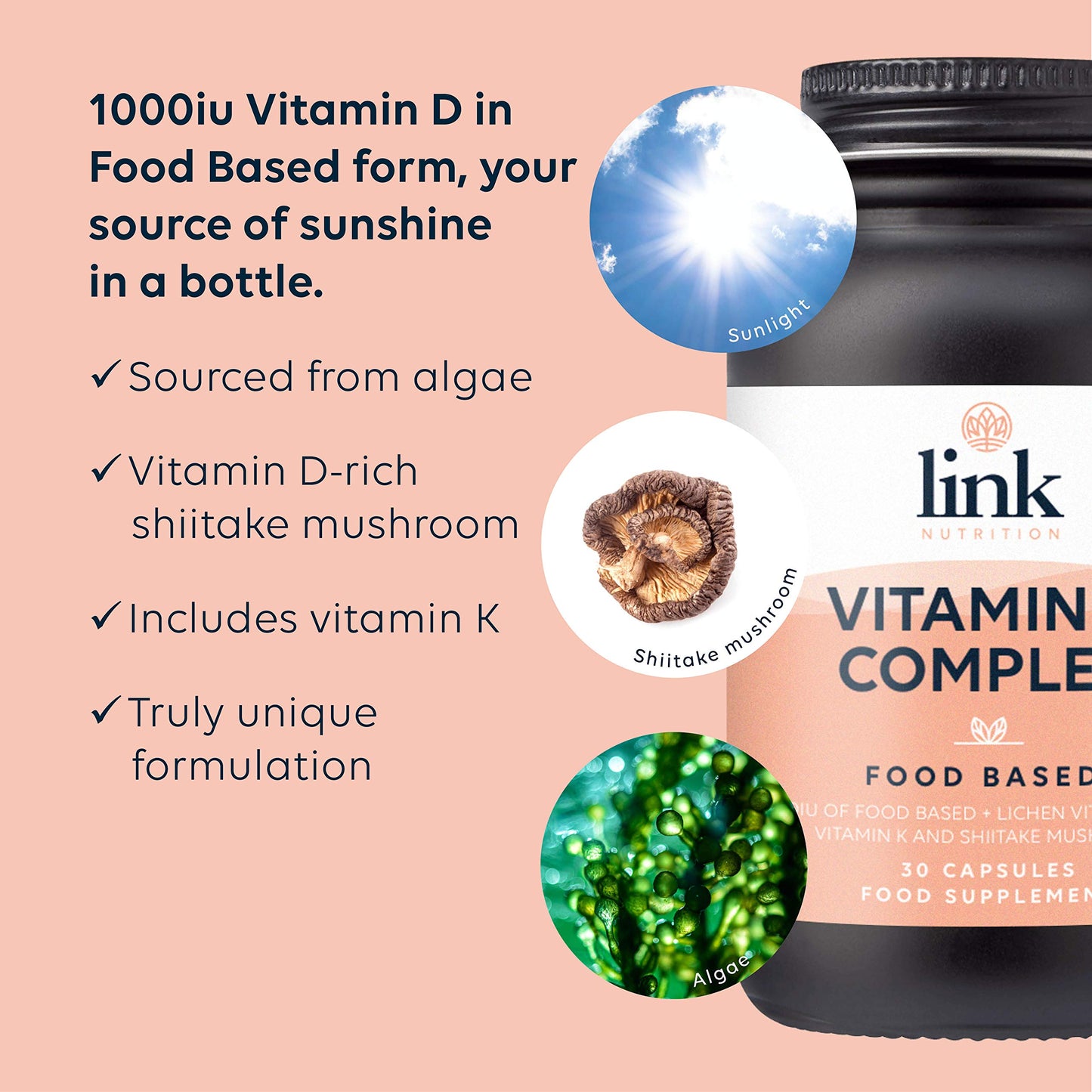 Vitamin D2, D3 + K - 1000IU [Food Based] | Contains Active Metabolites | Safe - Effective - Absorbable | For the immune system and maintenance of bones and teeth | Vegan | Link Nutrition | 30 Vegecaps