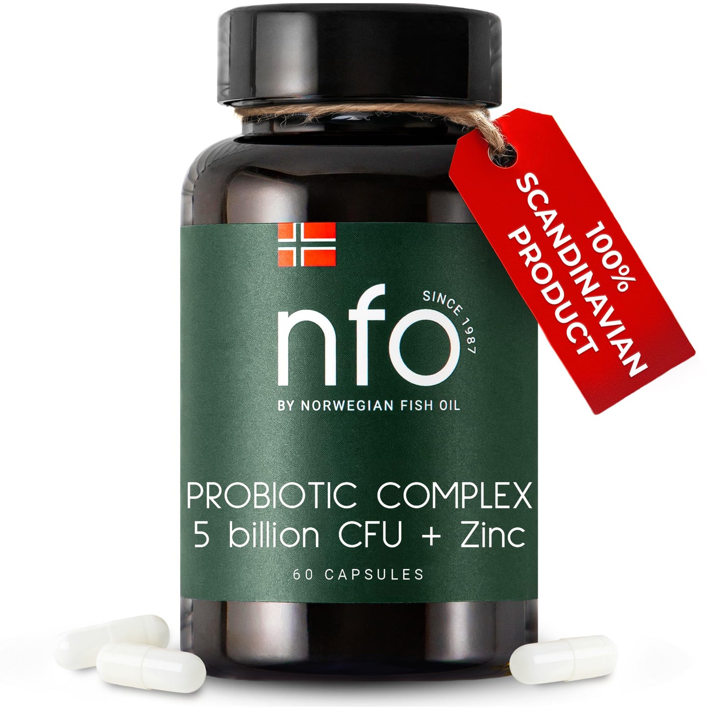 NFO Probiotic Complex 5 billion CFU + Zinc [60 Capsules] Natural High-Dose Complex of Probiotics with Zinc for the Immune System, Skin, Hair, Nails, Teeth, Bones, Made in Finland