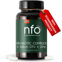 NFO Probiotic Complex 5 billion CFU + Zinc [60 Capsules] Natural High-Dose Complex of Probiotics with Zinc for the Immune System, Skin, Hair, Nails, Teeth, Bones, Made in Finland