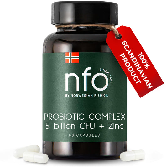 NFO Probiotic Complex 5 billion CFU + Zinc [60 Capsules] Natural High-Dose Complex of Probiotics with Zinc for the Immune System, Skin, Hair, Nails, Teeth, Bones, Made in Finland