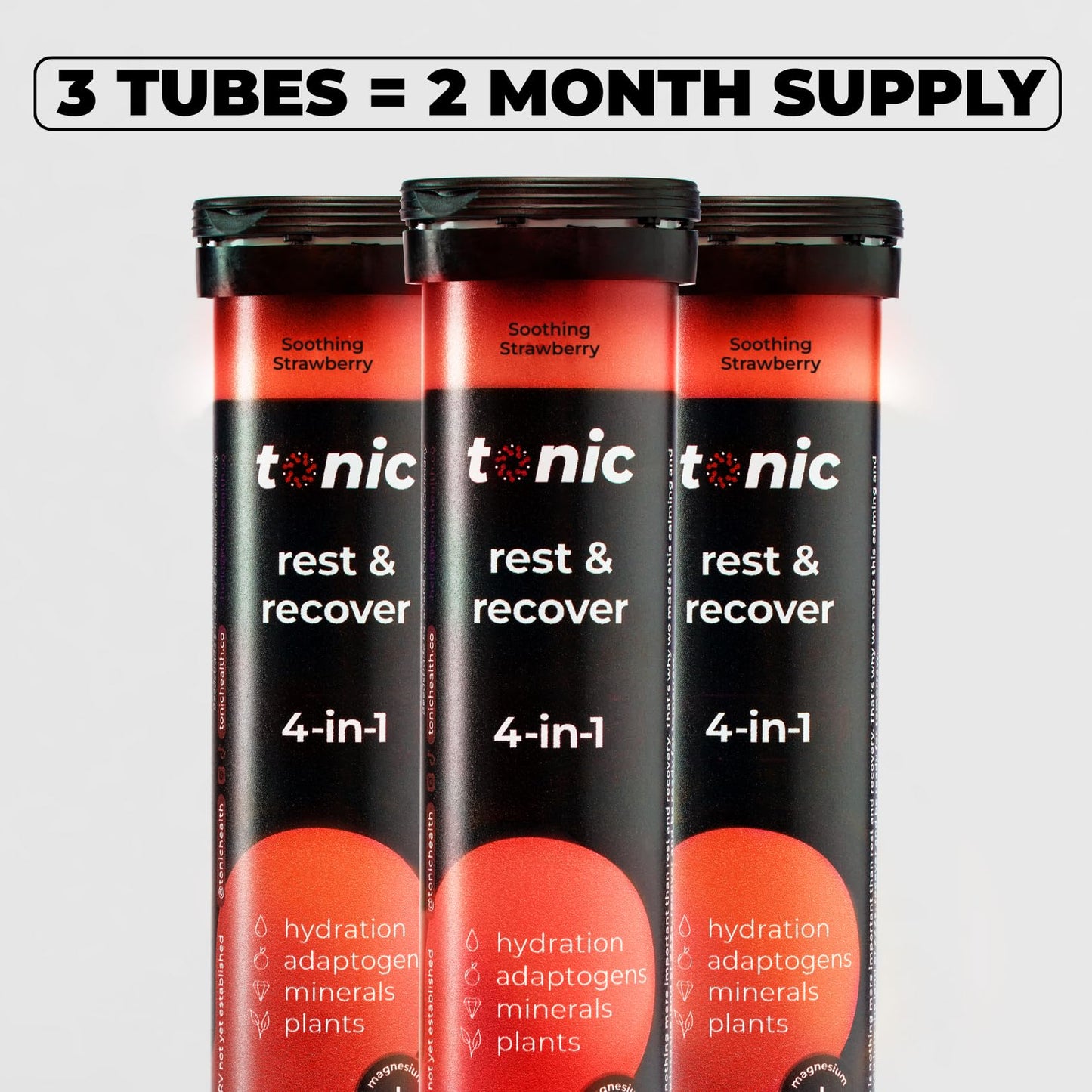 Tonic Health Rest and Recovery Effervescent Tablets - 300mg Elemental Magnesium, Ashwagandha, Lemon Balm - No Sugar, Magnesium Glycinate - Relax and Recharge, Strawberry 60 Count