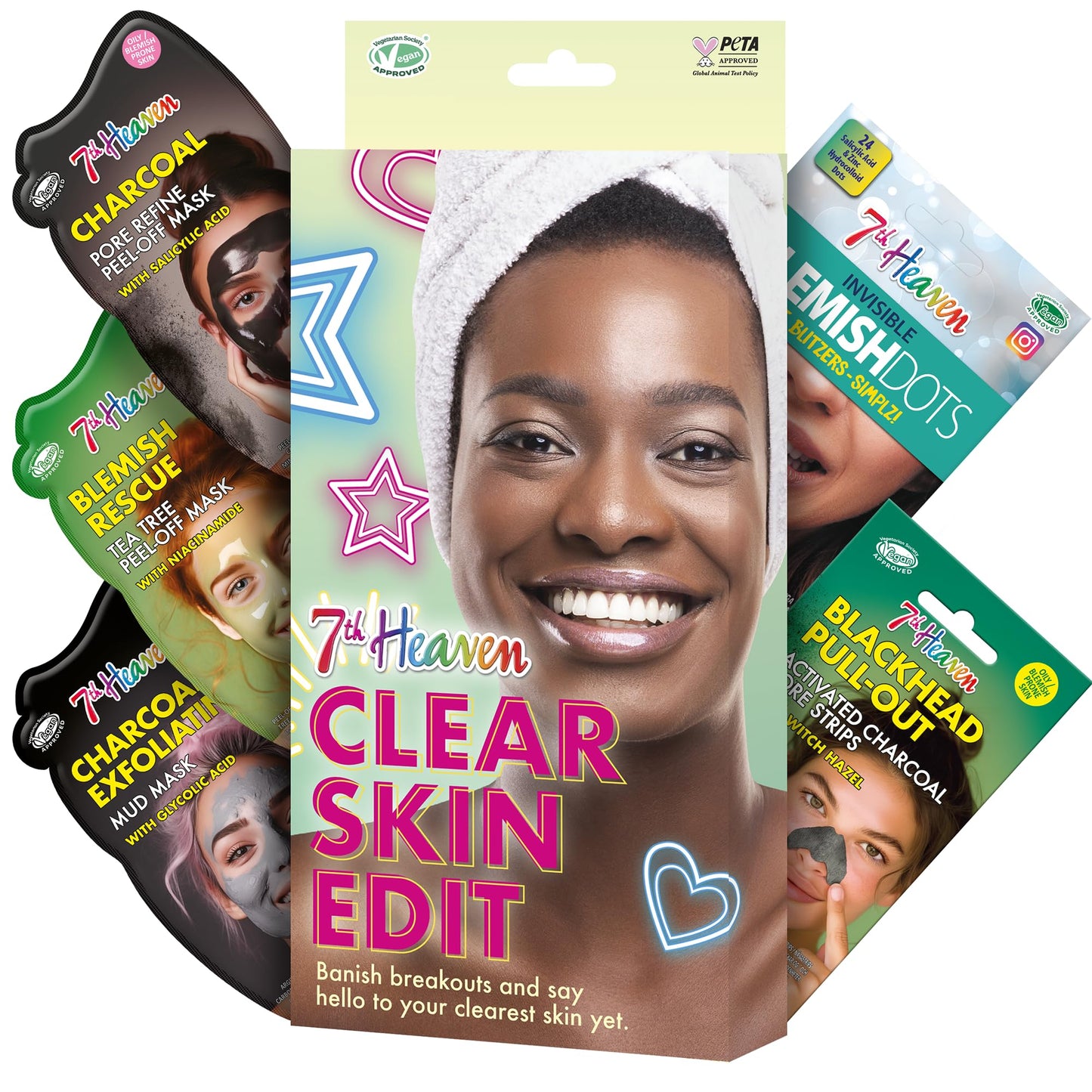 7th Heaven Clear Skin Edit Skincare Kit - 3 Face Masks, Nose Pore Strips and Blemish Dots
