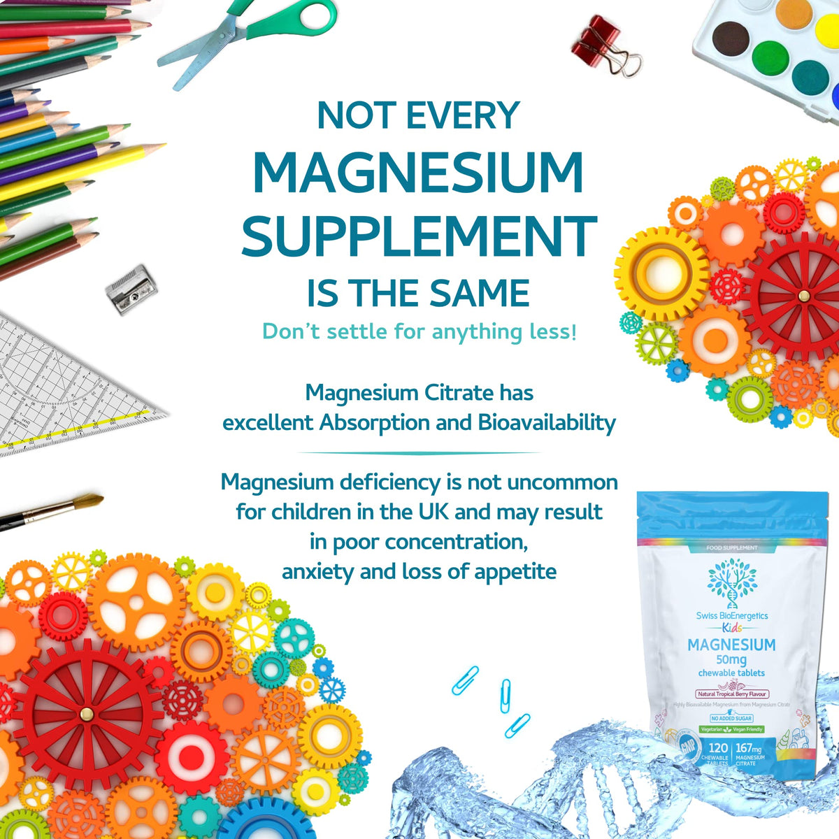 swiss bioenergetics Magnesium Chewable Tablets 50mg – Balanced Dosage for Children from 167mg of Magnesium Citrate – Easily absorbable & Highly bioavailable - Tropical Berry Flavour with no Added Sugar - Vegan & UK Made