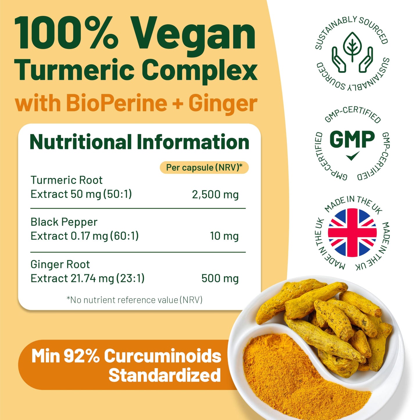 Vegan Vitality Turmeric and Ginger and Black Pepper Capsules, Turmeric Supplement 2,500mg, Ginger 500mg, 92% Curcumin Turmeric Capsules High Strength, Joint Supplement, 2 Months Supply, Vegan, GMP