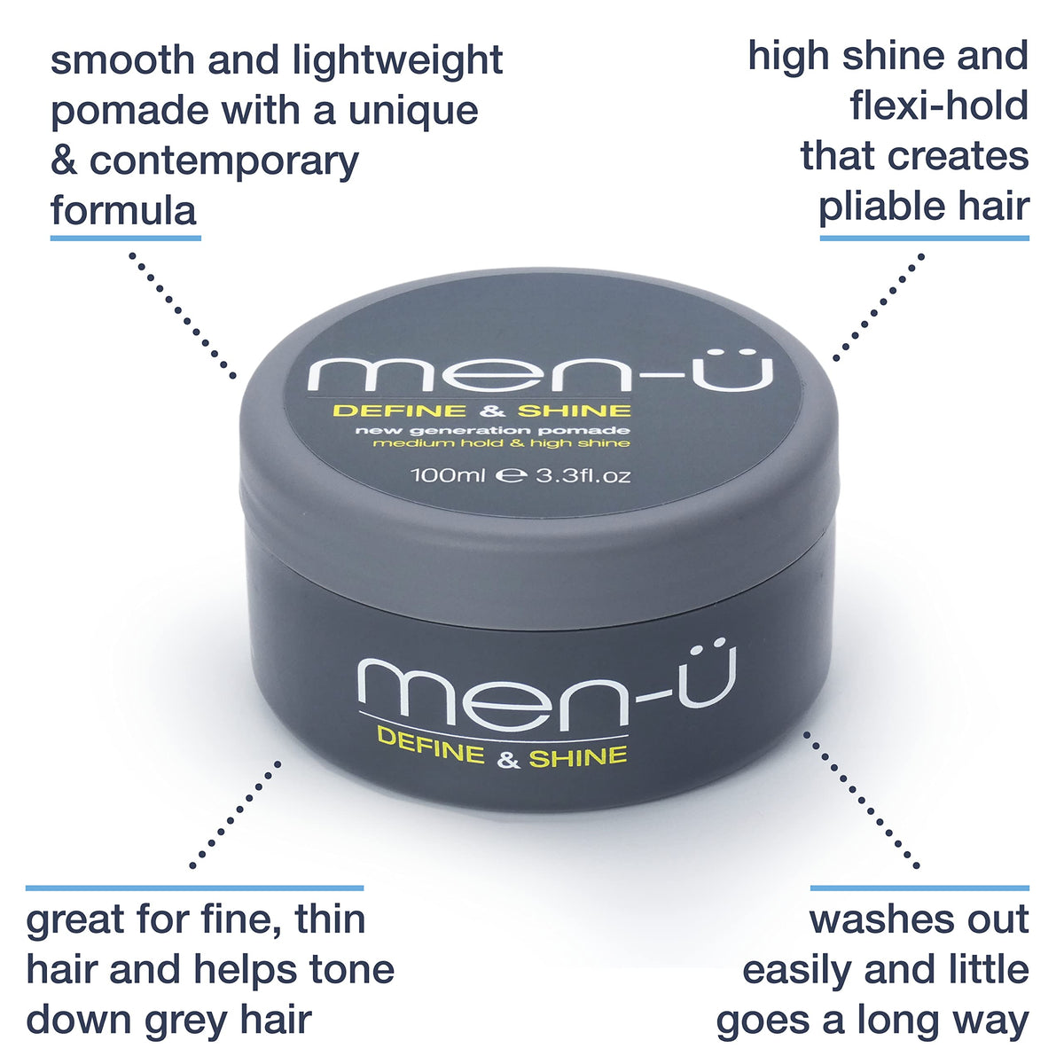 men-ü men-u pomade for men DEFINE & SHINE 100ml – Hair pomade w/ medium hold and high shine. Helps tone down grey hair & washes out easily - Mens hair products by men-u, Single walled 100ml styling puck.