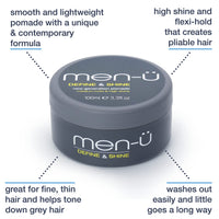 men-ü men-u pomade for men DEFINE & SHINE 100ml – Hair pomade w/ medium hold and high shine. Helps tone down grey hair & washes out easily - Mens hair products by men-u, Single walled 100ml styling puck.