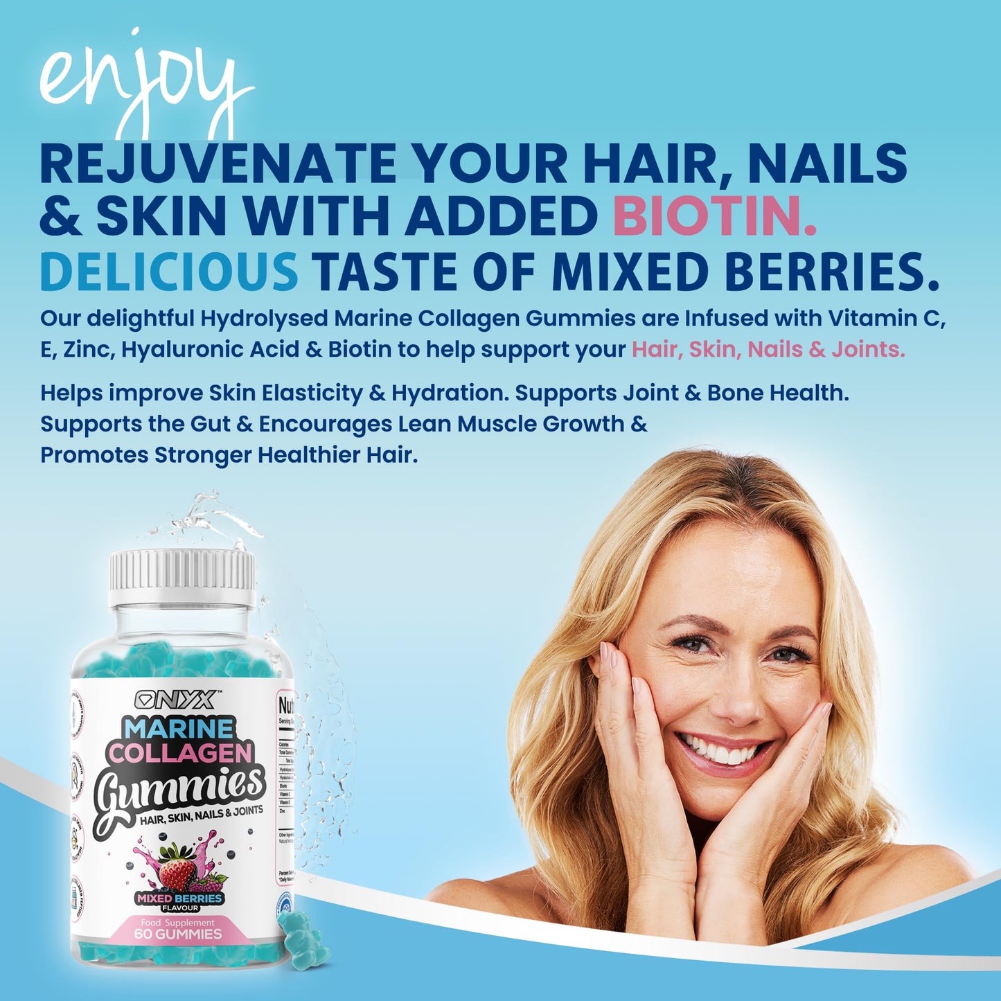 ONYX INGREDIENTS 101 Onyx Marine Collagen 2200mg with Hyaluronic Acid & Biotin - High Strength Collagen Supplements for Women & Men - 60 Vegan Gummies