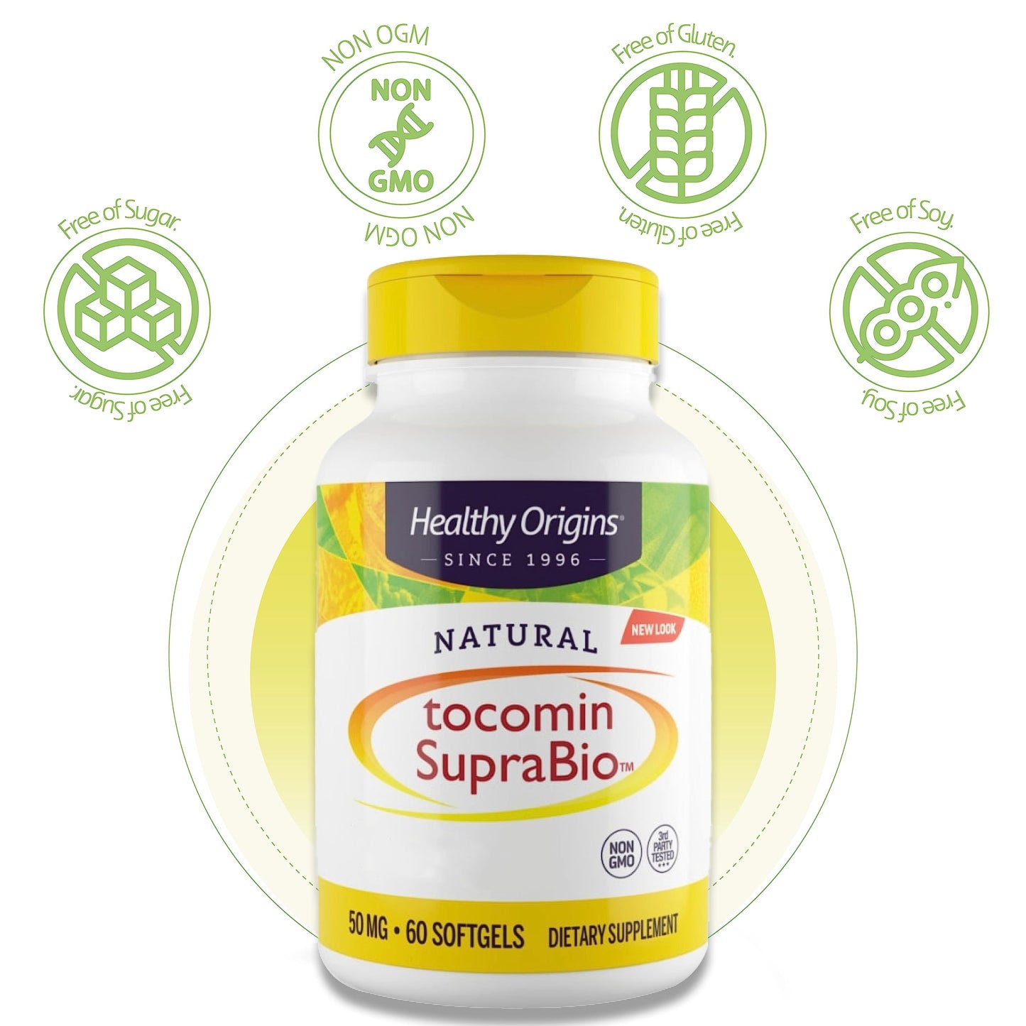 Healthy Origins, Natural Tocomin SupraBio, 50mg, 60 Softgels, Laboratory Tested, Vitamin E, Gluten Free, SOYA Free, Non-GMO