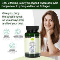 Beauty Collagen | Collagen & Hyaluronic Acid Supplement | 60 Capsules | Hydrolysed Marine Collagen | G&G Vitamins