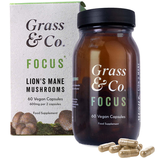Grass & Co | FOCUS Lion's Mane Mushroom Capsules | Supports Cognitive Health | 60 Capsules | 30 Servings | Lion's Mane Extract, Ginseng, Omega-3, Vitamins B12 & D