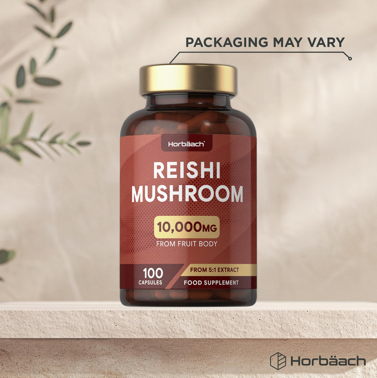 Horbäach Reishi Mushroom Capsules 10,000mg | Red Reishi Extract (5:1) | High Strength Supplement | 100 Powder Capsules | by Horbaach