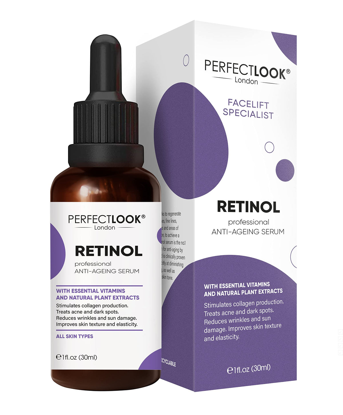PERFECT LOOK LONDON Perfect Look London Advanced Retinol Serum with Hyaluronic Acid – Hydrating Anti-Ageing Formula for Wrinkles, Fine Lines & Dark Spots – Smoothing Vitamin A Night Serum – 30ml