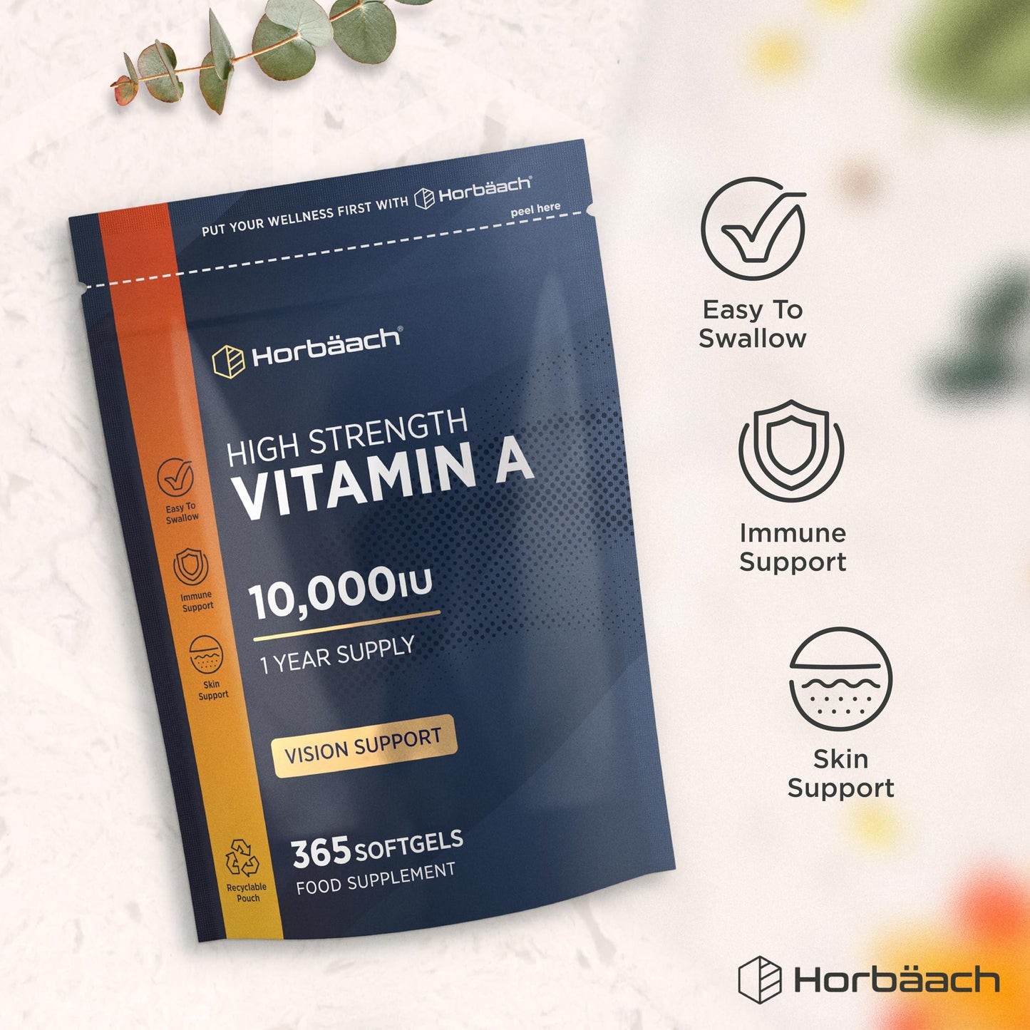 Horbäach Vitamin A Supplement 10,000iu | 365 Count (1 Year Supply) | High Strength Vitamin A 3000ug as Retinyl Palmitate | Tablet Alternative for Adults | by Horbaach