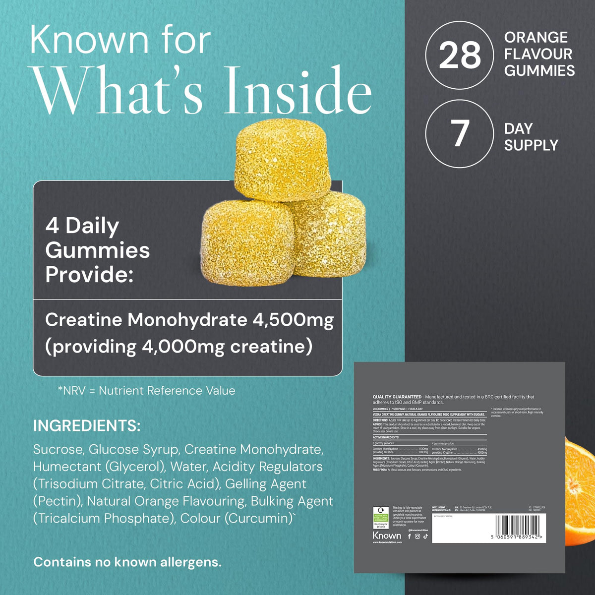 Known Vegan Creatine Gummies On-the-Go Pouch – 4500mg Creatine Monohydrate – Orange Flavour – 28 Gummies 7 Days Supply – Third-Party Tested
