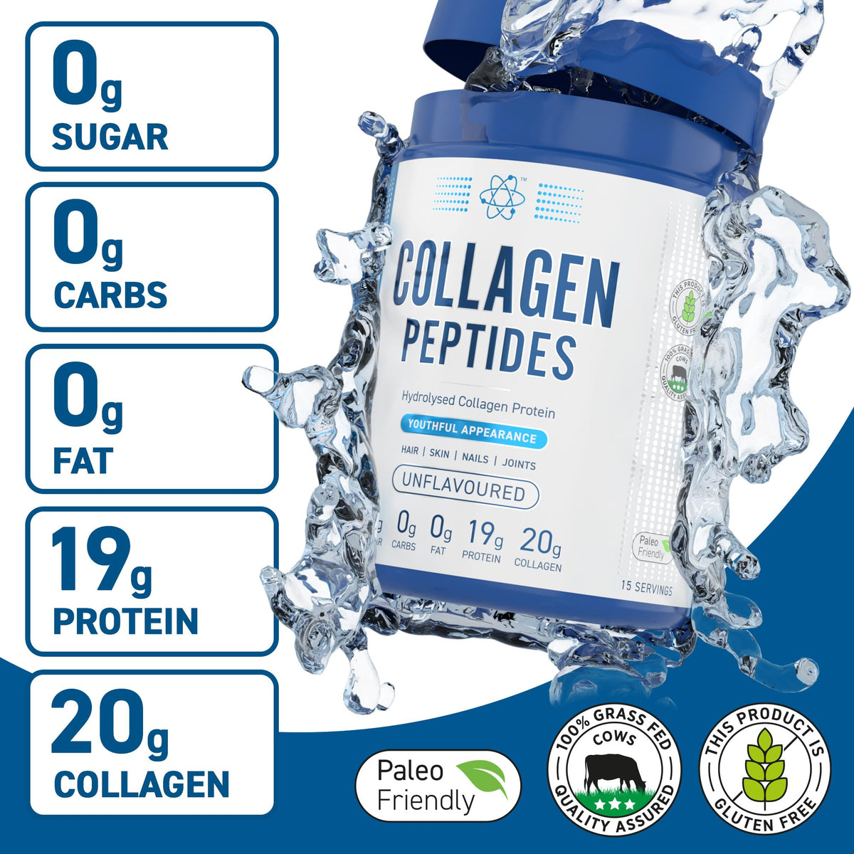 Applied Nutrition Collagen Peptides Powder - Hydrolysed Bovine Collagen Protein, Halal, Healthy Skin, Hair, Nails (Unflavoured) (300g - 15 Servings)