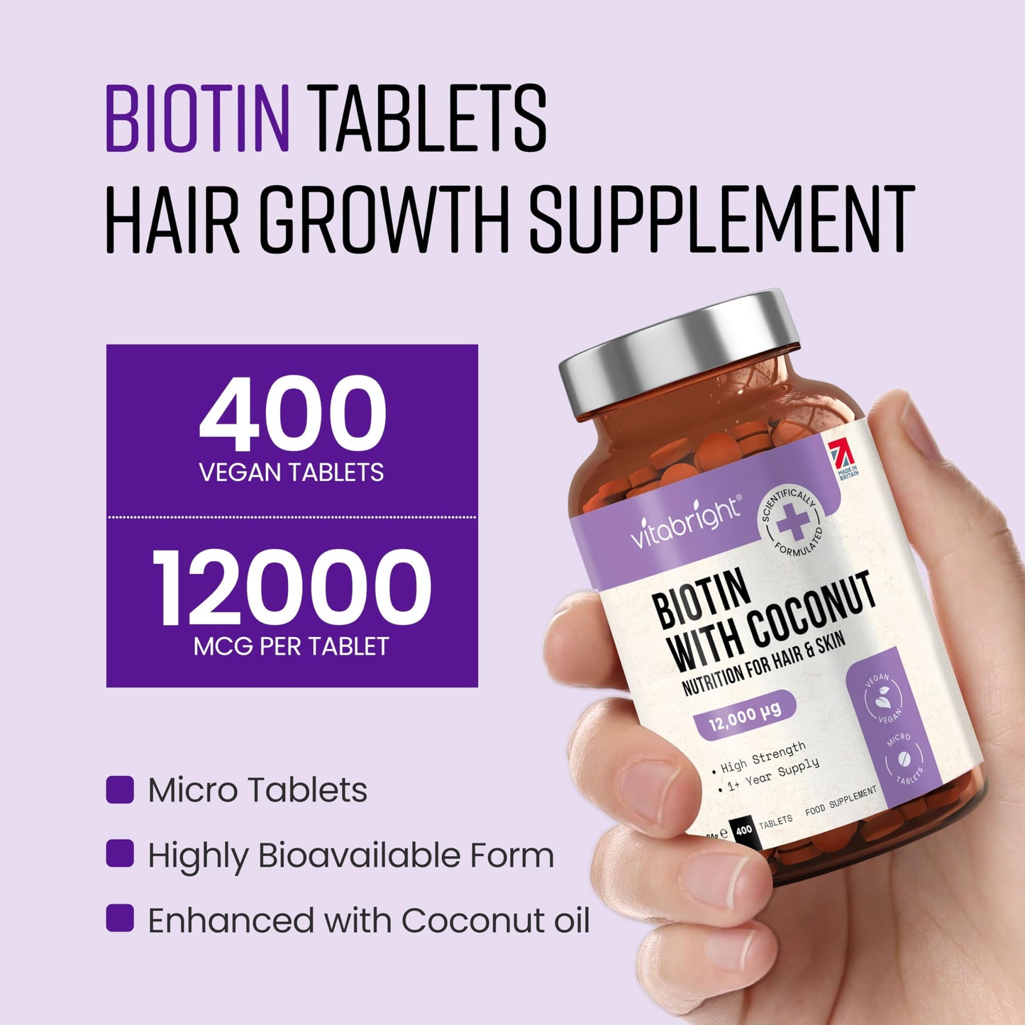 VitaBright Biotin Hair Growth Vitamins | 12000mcg | 400 D-Biotin Tablets with Coconut | Vegan Hair Vitamins for Women and Men | High Strength | Vitamin B7