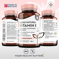 Vitamin E 400IU D-Alpha Tocopherol – 100% Natural Vitamin E – 90 Vegan Capsules – Highly Absorbable – 3 Month Supply – Protects Cells from Oxidative Stress – Made in The UK by Nutravita