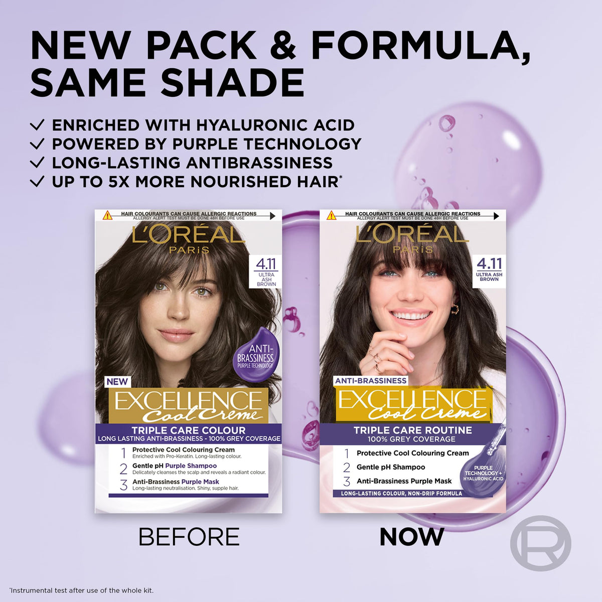 L'Oreal Paris L'Oréal Paris Excellence Cool Crème Permanent Hair Dye, Radiant At-Home Hair Colour with up to 100% Grey Coverage, Pro-Keratin, Up to 8 Weeks of Colour, Colour: 4.11 Ultra Ash Brown