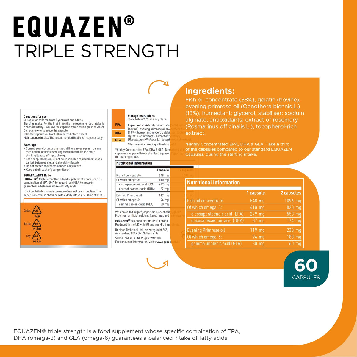 Equazen EQUAZEN Triple Strength Capsules | Omega 3 & 6 Supplement | Blend of DHA, EPA & GLA | Supports Brain Function | Suitable from 5 Years Old to Adults | 60 One-a-Day Capsules