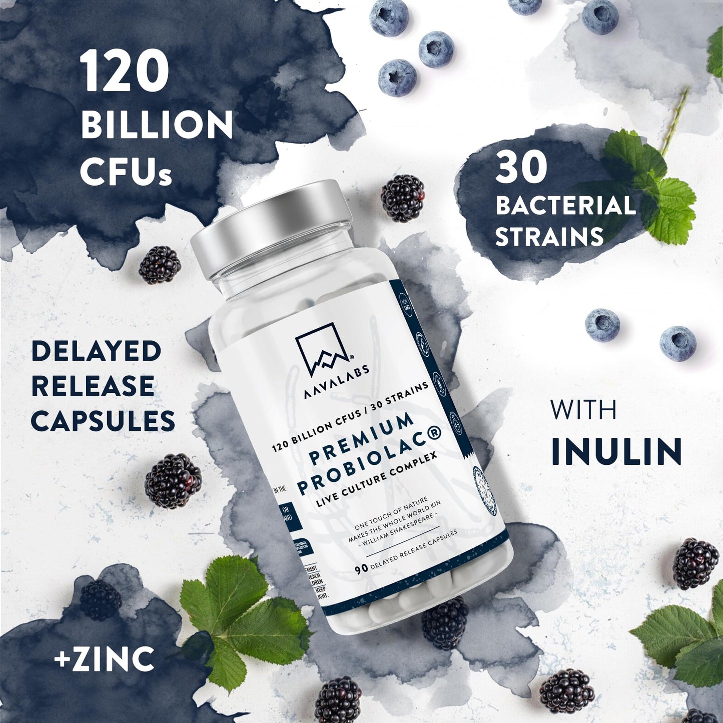 AAVALABS Bio Cultures Complex [ 120 Billion CFU ] 30x Bacterial Strains incl. Lactobacillus Acidophilus & Bifidobacterium per Serving - 90 Capsules - 3rd Party Tested