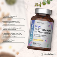 Horbäach Multivitamin Tablets for Teenagers with Focus Complex | 180 Capsules | High Strength Complex with Vitamin B6, B5, Magnesium, Iron and Zinc | Vegan Supplement for Teens 13+ | By Horbaach
