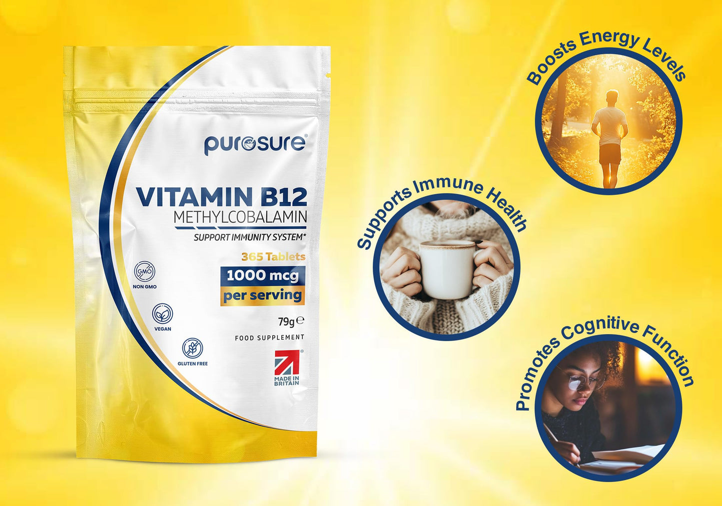 PuroSure Purosure Vitamin B12 1000µg | 365 High Strength Easy to Swallow Tablets | Methylcobalamin Vegetarian and Vegan Tablets | Tiredness and Fatigue Tablets | | Manufactured in The UK | (365 Tablets)