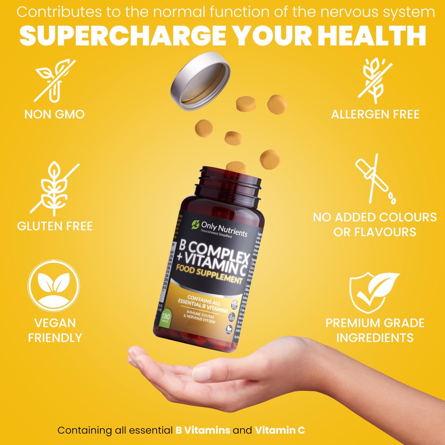 Only Nutrients | B Complex + Vitamin C | 180 Vegan Tablets (6 Months Supply) | All 8 B Vitamins B1-B2-B3-B5-B6-B12, Biotin, Folic Acid, Enhanced for Energy, Immune & Nervous System Support - UK Made
