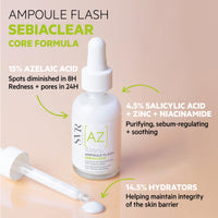 SVR SEBIACLEAR Ampoule Flash 15% Azelaic Acid Serum, Retexturises Acne-prone, Oily, Combination Skin. 8% Omega Ceramides + 5% Niacinamide, 30ml