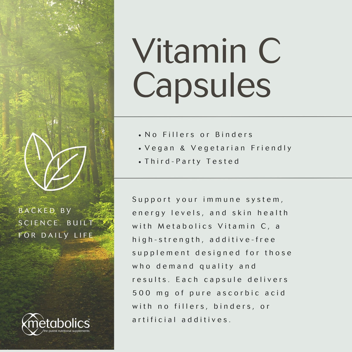 Vitamin C Capsules by Metabolics | 500mg Vitamin C Per Capsule Providing 625% NRV | Pot of 90 Capsules Suitable for Vegans & Vegetarians- No Additives or Flowing Agents