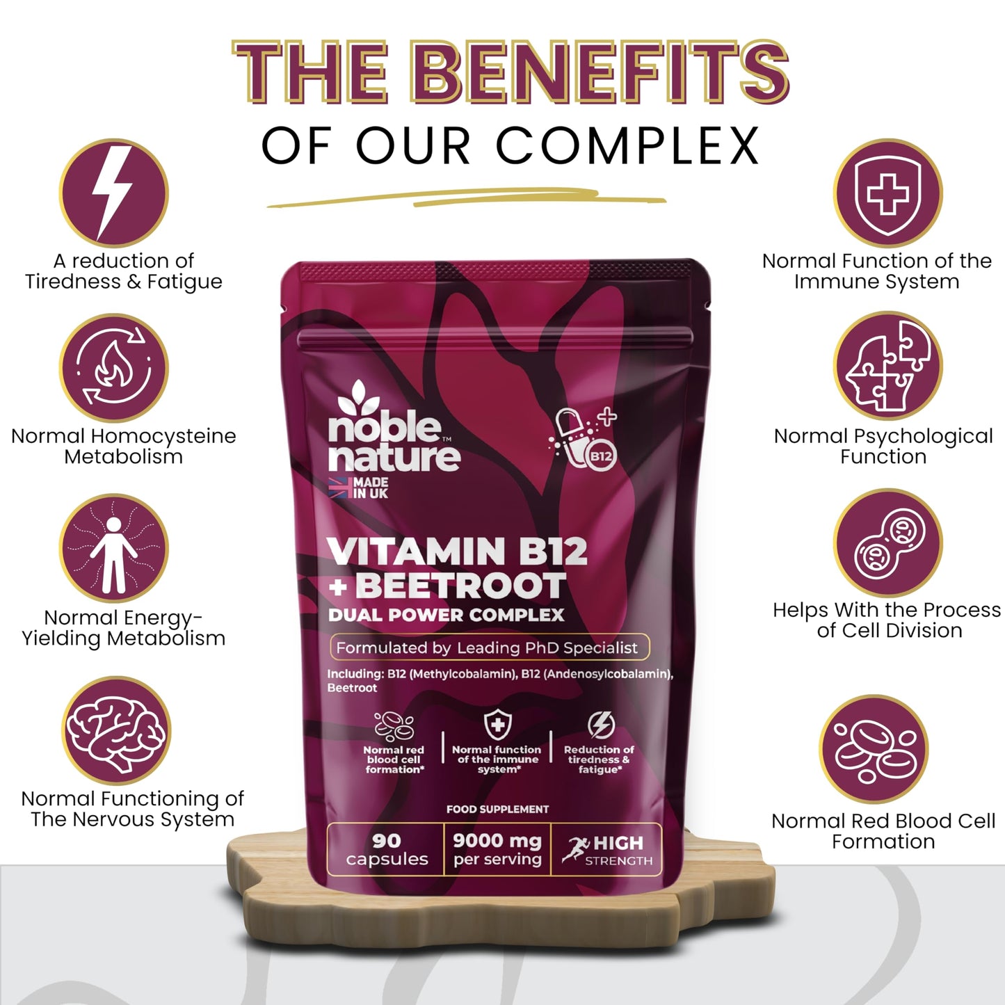 Beetroot & Vitamin B12 Complex – 9000mg Beetroot + 1000mcg Dual B12 (Methylcobalamin & Adenosylcobalamin) – Energy & Immune Support – 90 Vegan Capsules – UK Made (90)